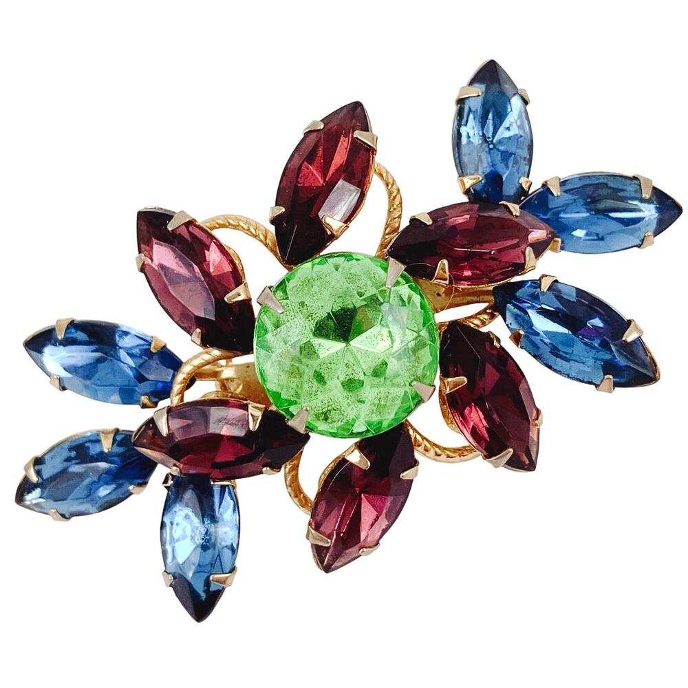 VTG Signed Judy Lee Mid Century Brooch Blue Red Green Rhinestones Sparkly Pin